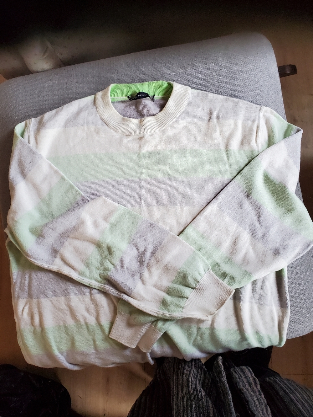 Striped Crewneck Sweater in Mint Green, Light Gray & Cream